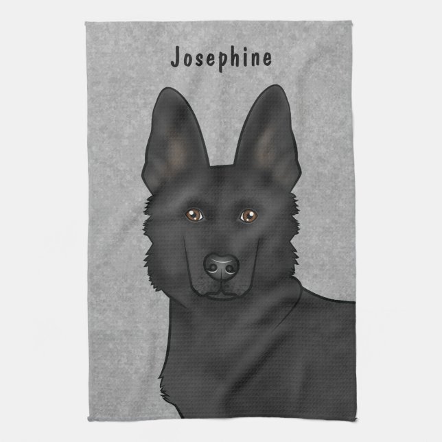 Black German Shepherd Dog Head And Name Grey Tea Towel (Vertical)