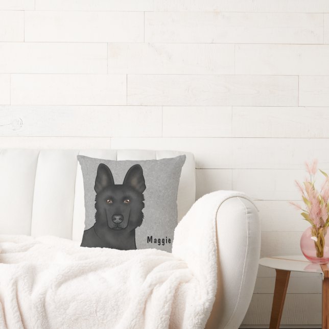 Black German Shepherd Dog Head With Custom Name Cushion (Couch)