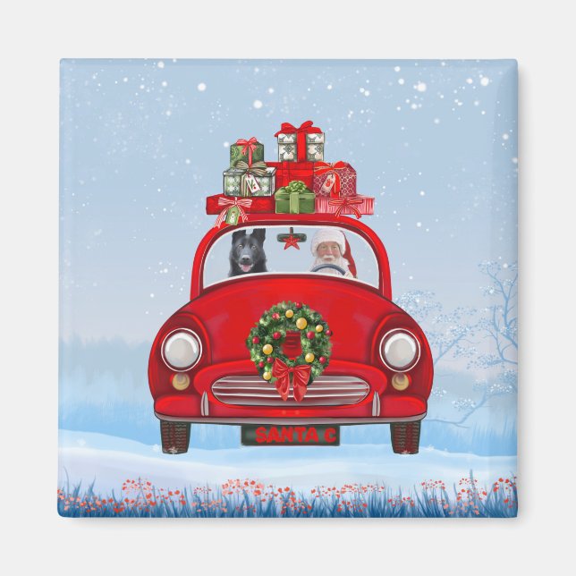 Black German Shepherd Dog In Car With Santa Claus  Magnet (Front)