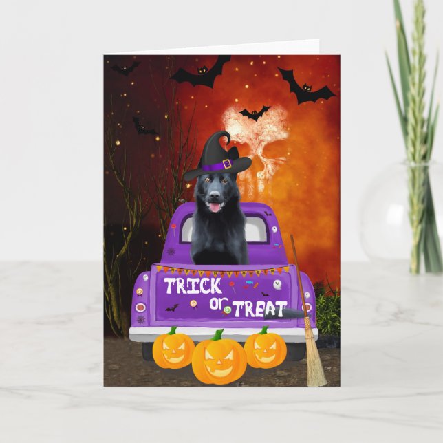 Black German Shepherd Dog in Halloween Truck Card (Front)