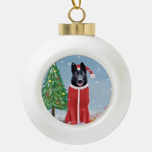 Black German Shepherd Dog in Snow Christmas Gifts Ceramic Ball Christmas Ornament (Front)