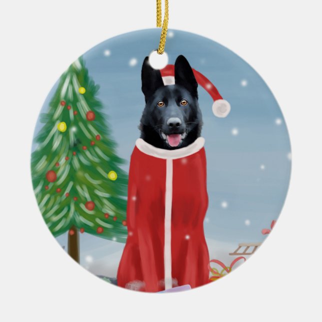 Black German Shepherd Dog in Snow Christmas Gifts  Ceramic Tree Decoration (Front)