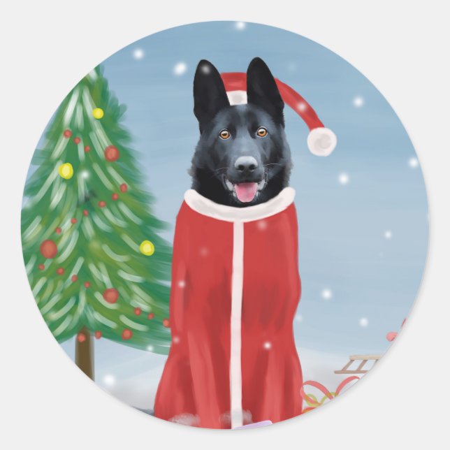 Black German Shepherd Dog in Snow Christmas Gifts  Classic Round Sticker (Front)