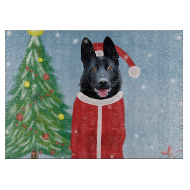 Black German Shepherd Dog in Snow Christmas Gifts Cutting Board (Front)