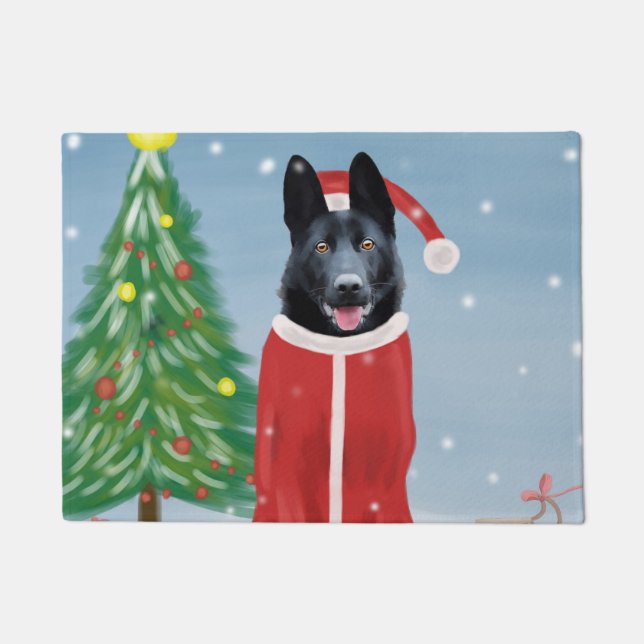 Black German Shepherd Dog in Snow Christmas Gifts  Doormat (Front)