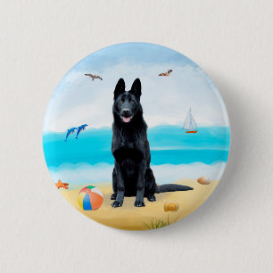 Black German Shepherd Dog on Beach 6 Cm Round Badge