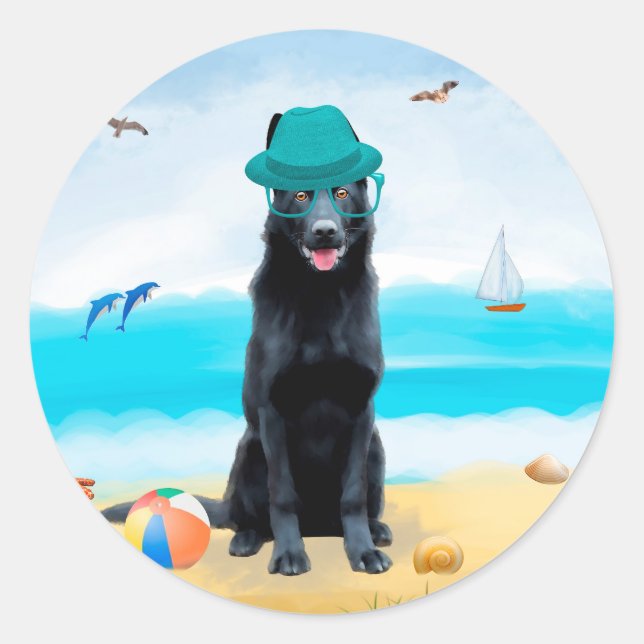 Black German Shepherd Dog on Beach Classic Round Sticker (Front)