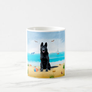 Black German Shepherd Dog on Beach Coffee Mug