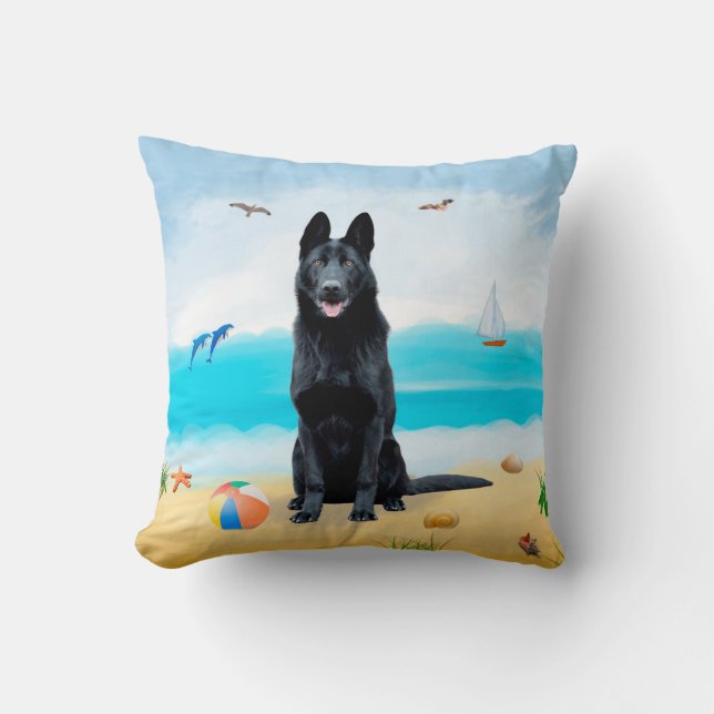 Black German Shepherd Dog on Beach Cushion (Front)