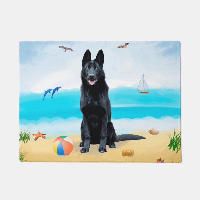 Black German Shepherd Dog on Beach Doormat (Front)