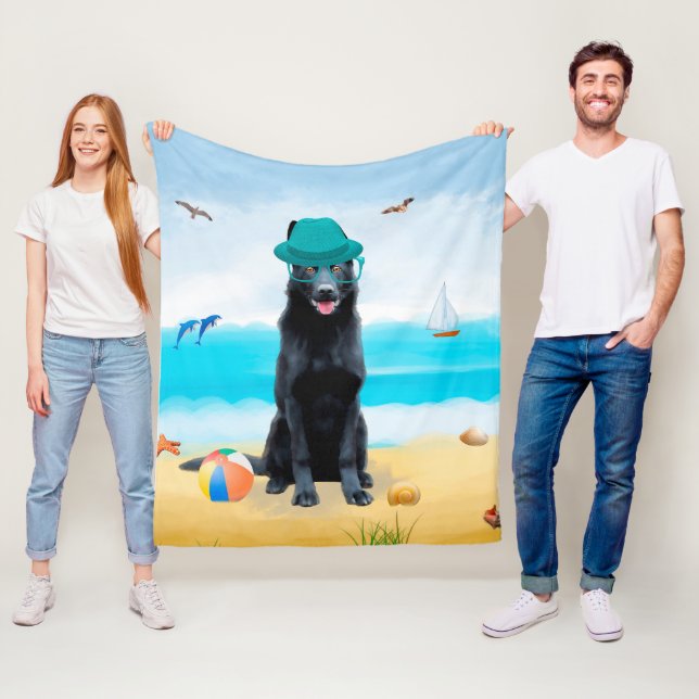Black German Shepherd Dog on Beach Fleece Blanket (In Situ)