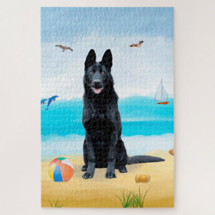 Black German Shepherd Dog on Beach Jigsaw Puzzle