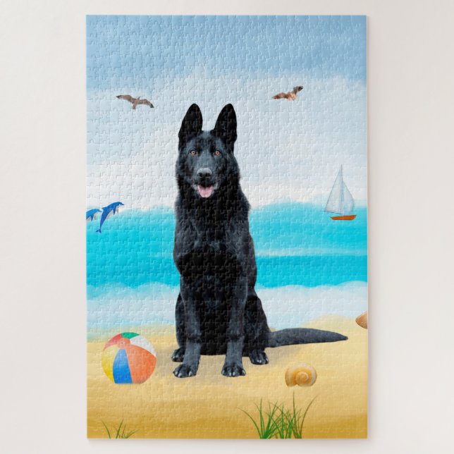 Black German Shepherd Dog on Beach Jigsaw Puzzle (Vertical)