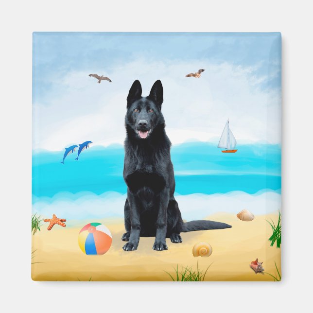 Black German Shepherd Dog on Beach Magnet (Front)