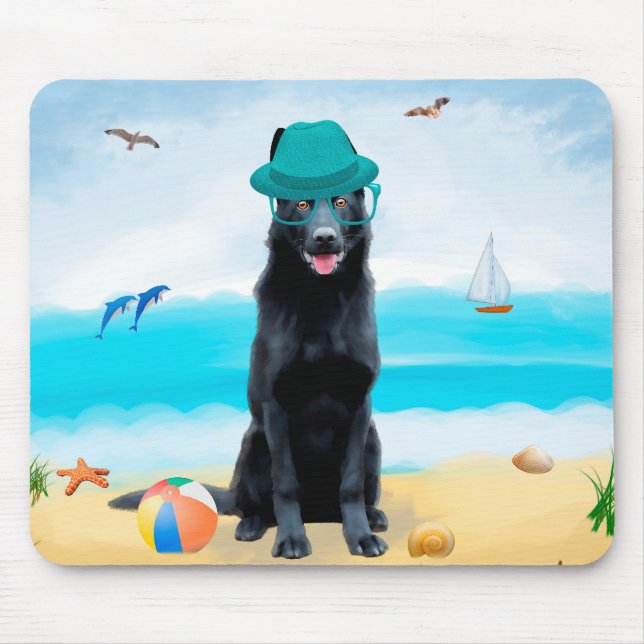 Black German Shepherd Dog on Beach Mouse Mat (Front)