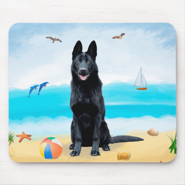 Black German Shepherd Dog on Beach Mouse Mat (Front)