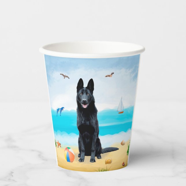Black German Shepherd Dog on Beach Paper Cups (Front)