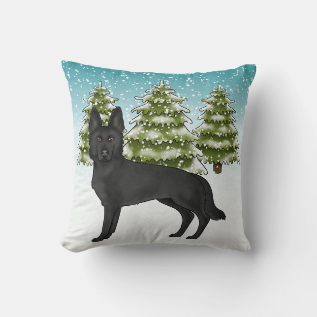 Black German Shepherd Dog Snowy Time Winter Forest Cushion (Front)