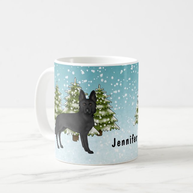 Black German Shepherd Dog Winter Forest With Name Coffee Mug (Front Left)