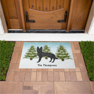 Black German Shepherd Dog Winter Forest With Name Doormat