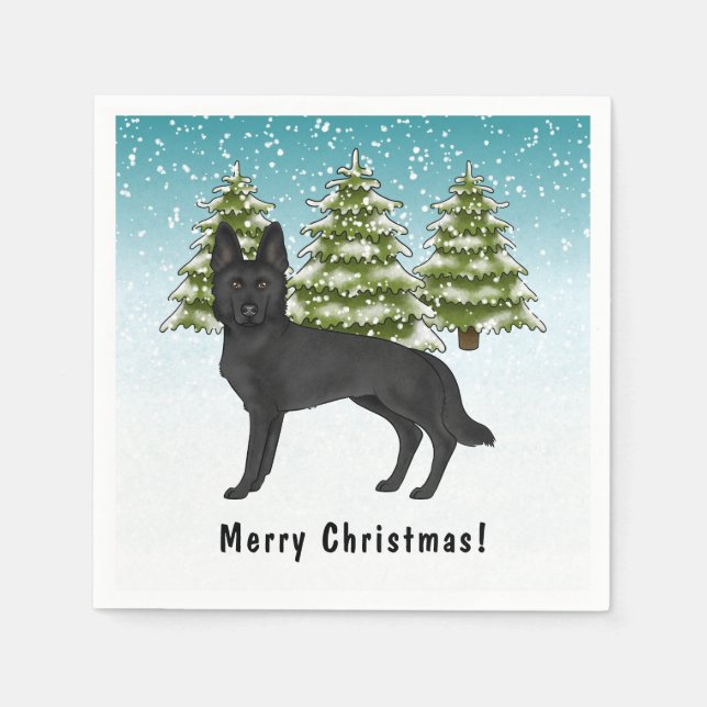 Black German Shepherd Dog Winter Forest With Text Napkin (Front)