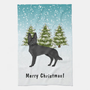 Black German Shepherd Dog Winter Forest With Text Tea Towel