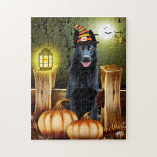 Black German Shepherd Dog Witch Hat Halloween Jigsaw Puzzle