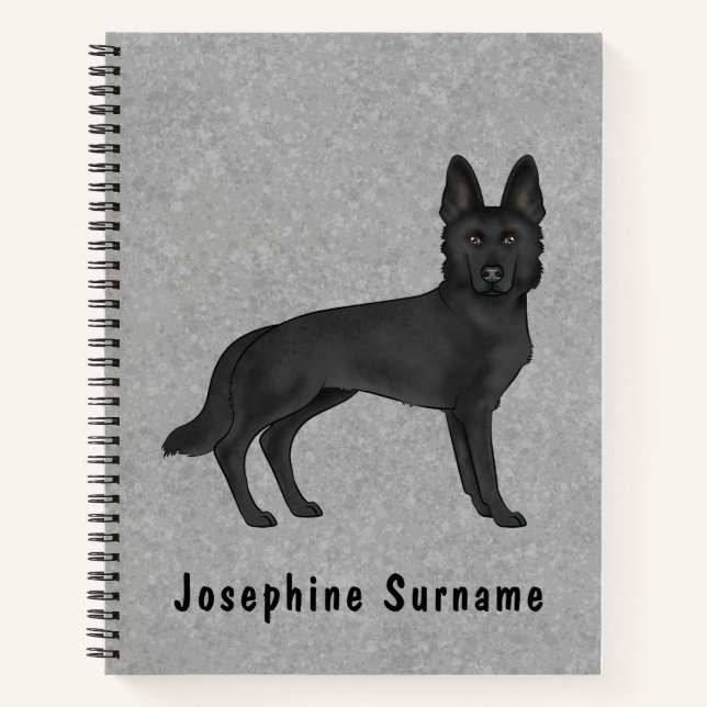 Black German Shepherd GSD Dog And Custom Text Grey Notebook (Front)