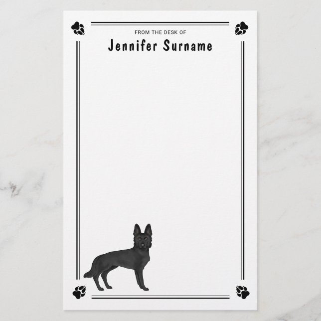 Black German Shepherd GSD Dog With Custom Text Stationery (Front)