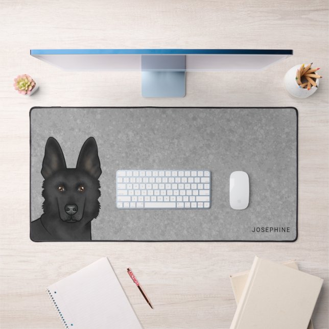 Black German Shepherd Head And Custom Name On Grey Desk Mat (Office 1)