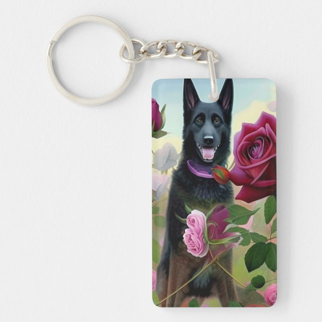 Black German Shepherd in Rose Garden ART  Key Ring (Front)