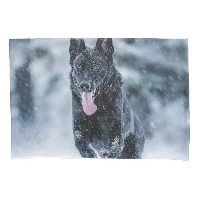 Black German Shepherd in snow Duvet Cover (Front-Left)