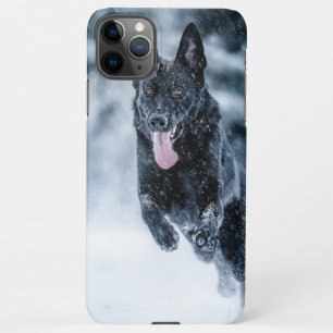 Black German Shepherd in snow Duvet Cover