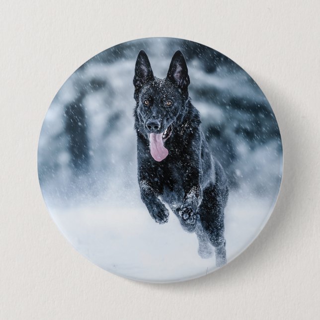 Black German Shepherd in snow Duvet Cover 7.5 Cm Round Badge (Front)