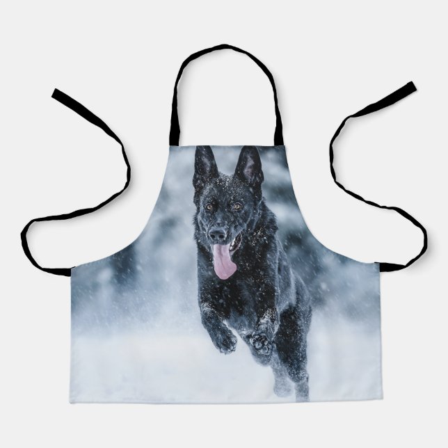 Black German Shepherd in snow Duvet Cover Apron (Front)