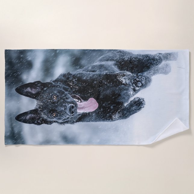 Black German Shepherd in snow Duvet Cover Beach Towel (Front)