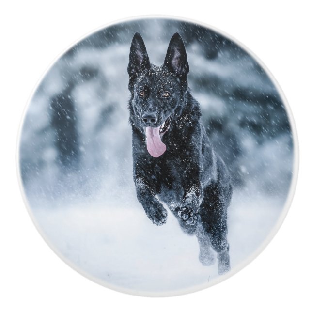 Black German Shepherd in snow Duvet Cover Ceramic Knob (Front)