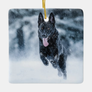 Black German Shepherd in snow Duvet Cover Ceramic Ornament
