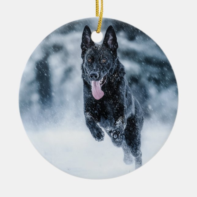 Black German Shepherd in snow Duvet Cover Ceramic Tree Decoration (Front)