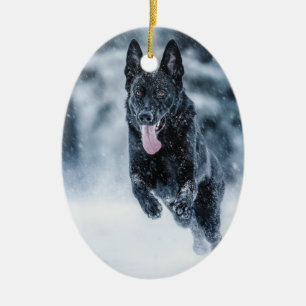 Black German Shepherd in snow Duvet Cover Ceramic Tree Decoration