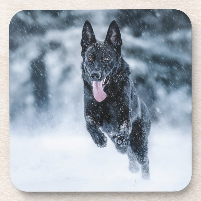 Black German Shepherd in snow Duvet Cover Coaster (Front)