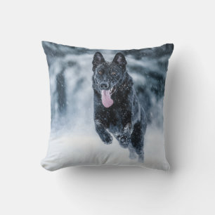 Black German Shepherd in snow Duvet Cover Cushion