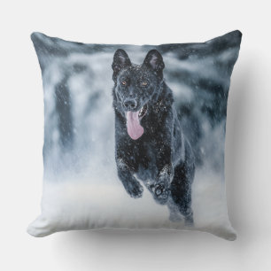 Black German Shepherd in snow Duvet Cover Cushion