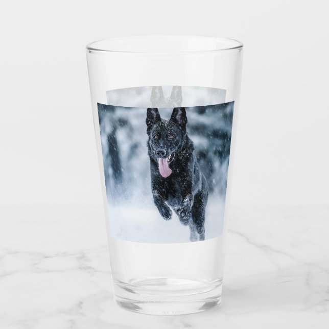 Black German Shepherd in snow Duvet Cover Glass (Front)