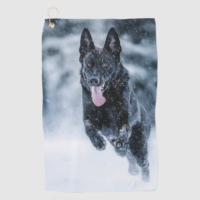 Black German Shepherd in snow Duvet Cover Golf Towel (Front)