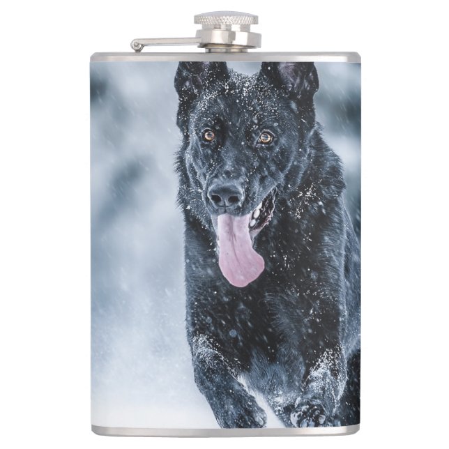 Black German Shepherd in snow Duvet Cover Hip Flask (Front)