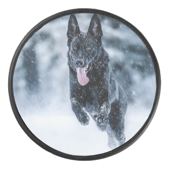Black German Shepherd in snow Duvet Cover Hockey Puck (Front)