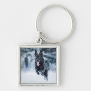 Black German Shepherd in snow Duvet Cover Key Ring