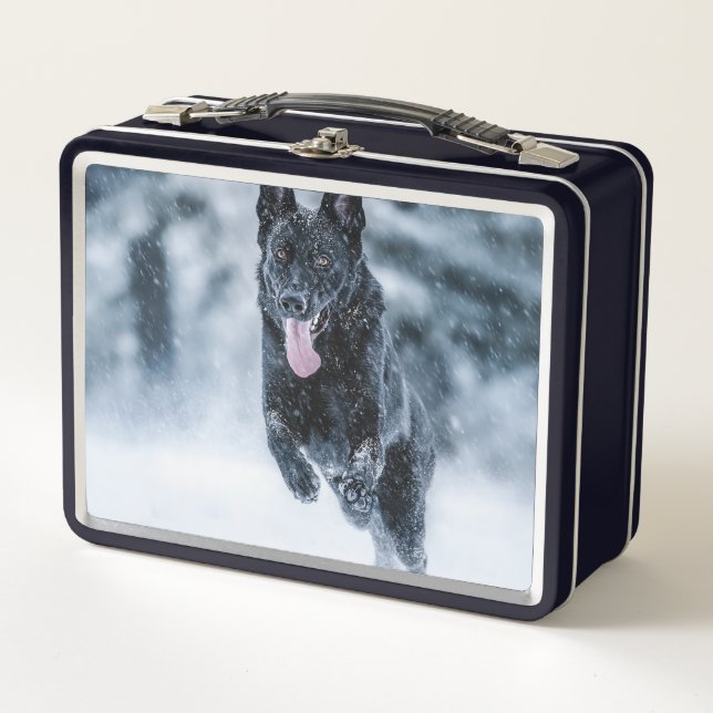 Black German Shepherd in snow Duvet Cover Metal Lunch Box (Front)