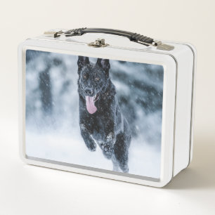 Black German Shepherd in snow Duvet Cover Metal Lunch Box